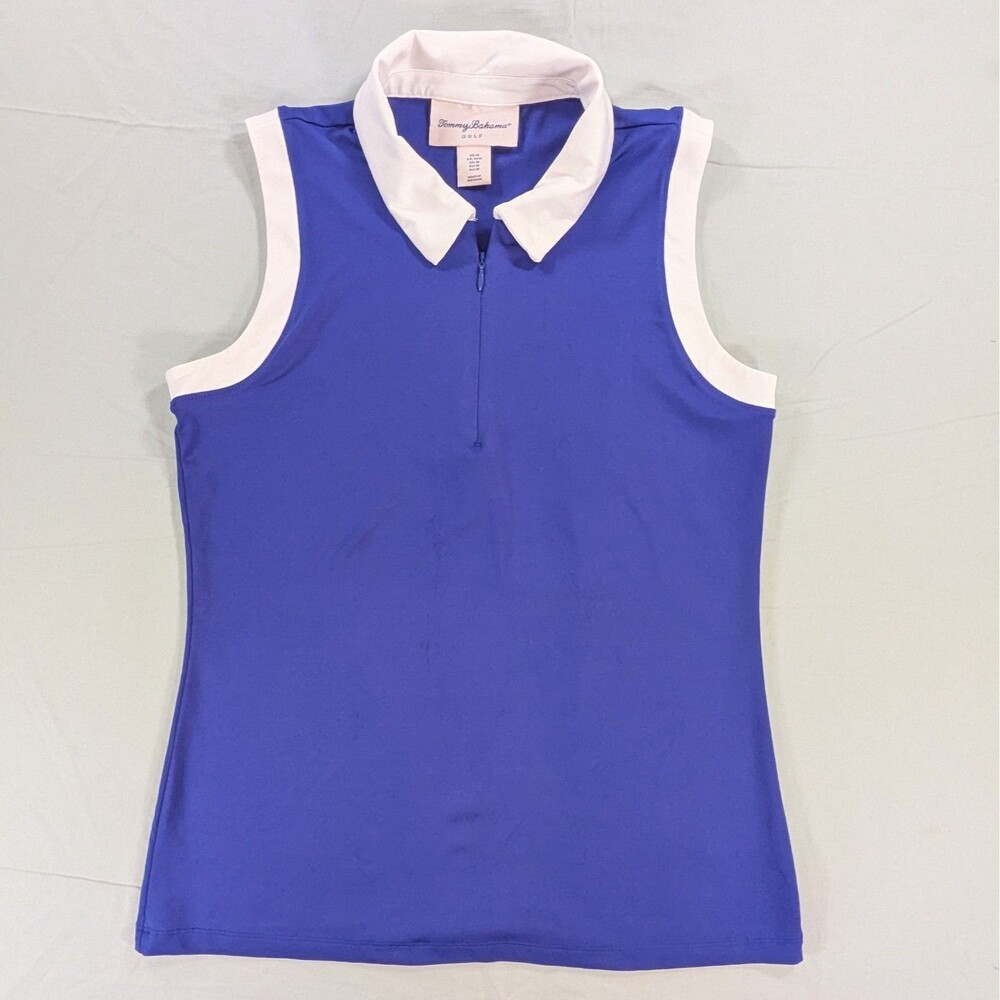Tommy Bahama Golf Polo Shirt Women Med Blue White Sleeveless Performance Stretch